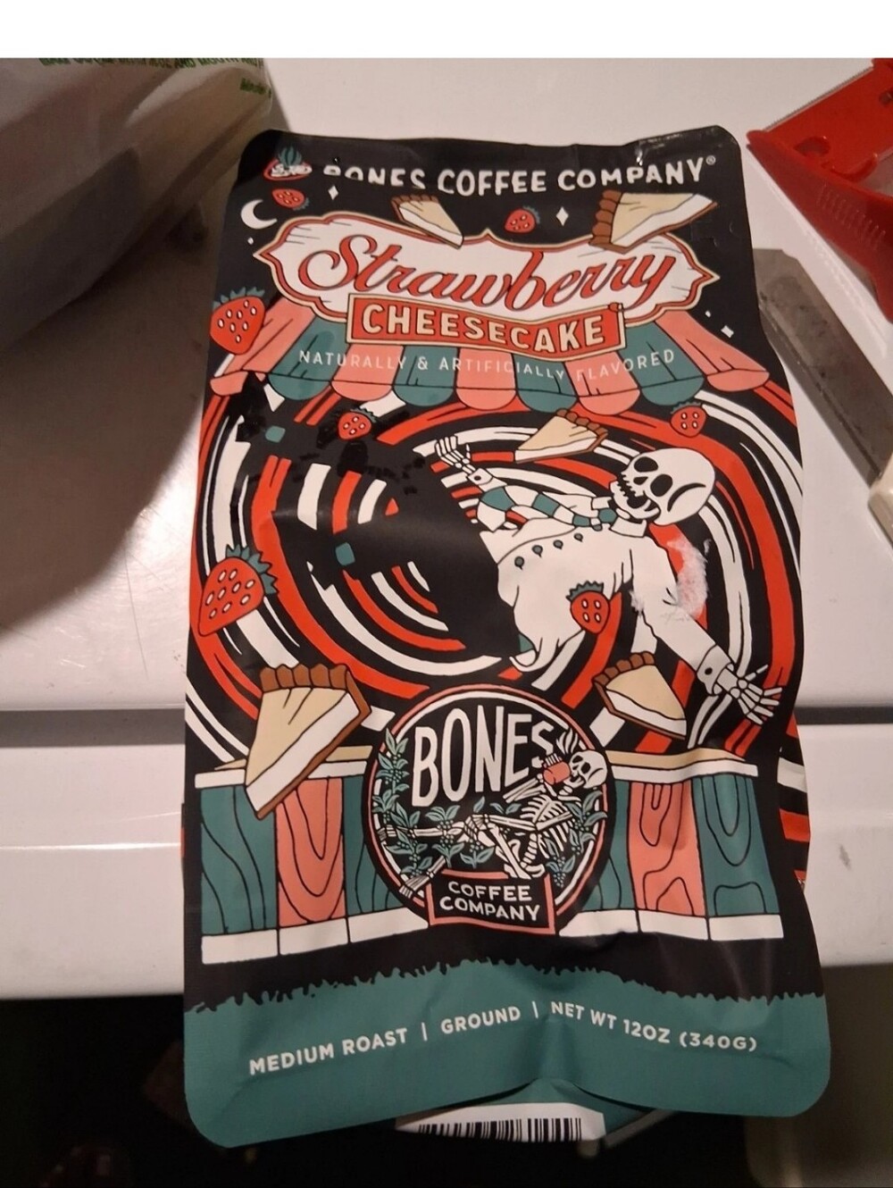 Bones Coffee Company Strawberry Cheesecake Ground Coffee Beans 12oz